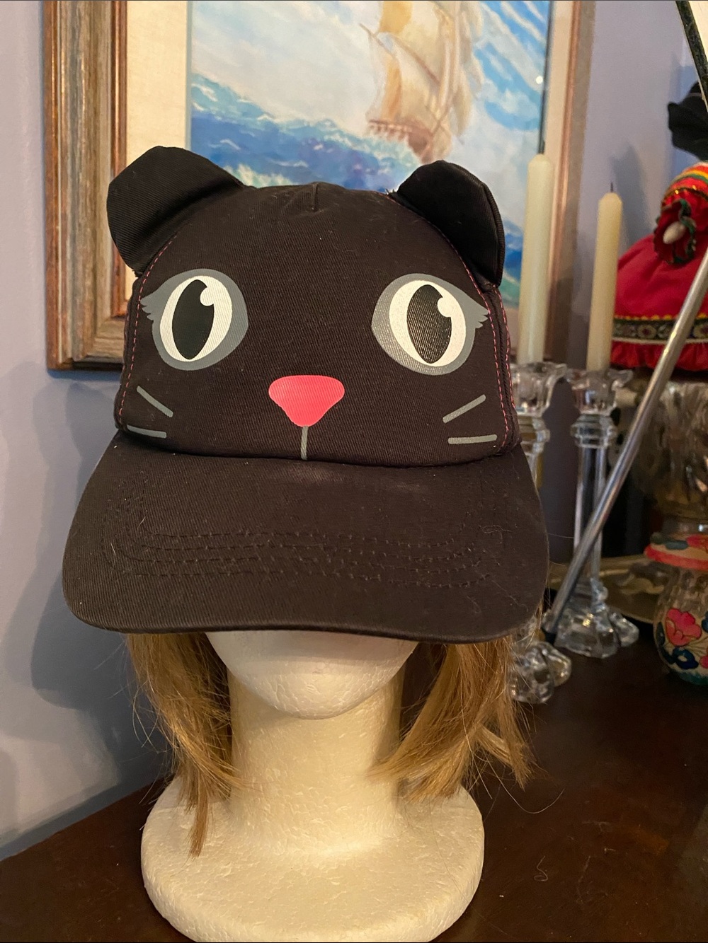 Trucker Hat Snapback Cap Black cat One Size in good condition